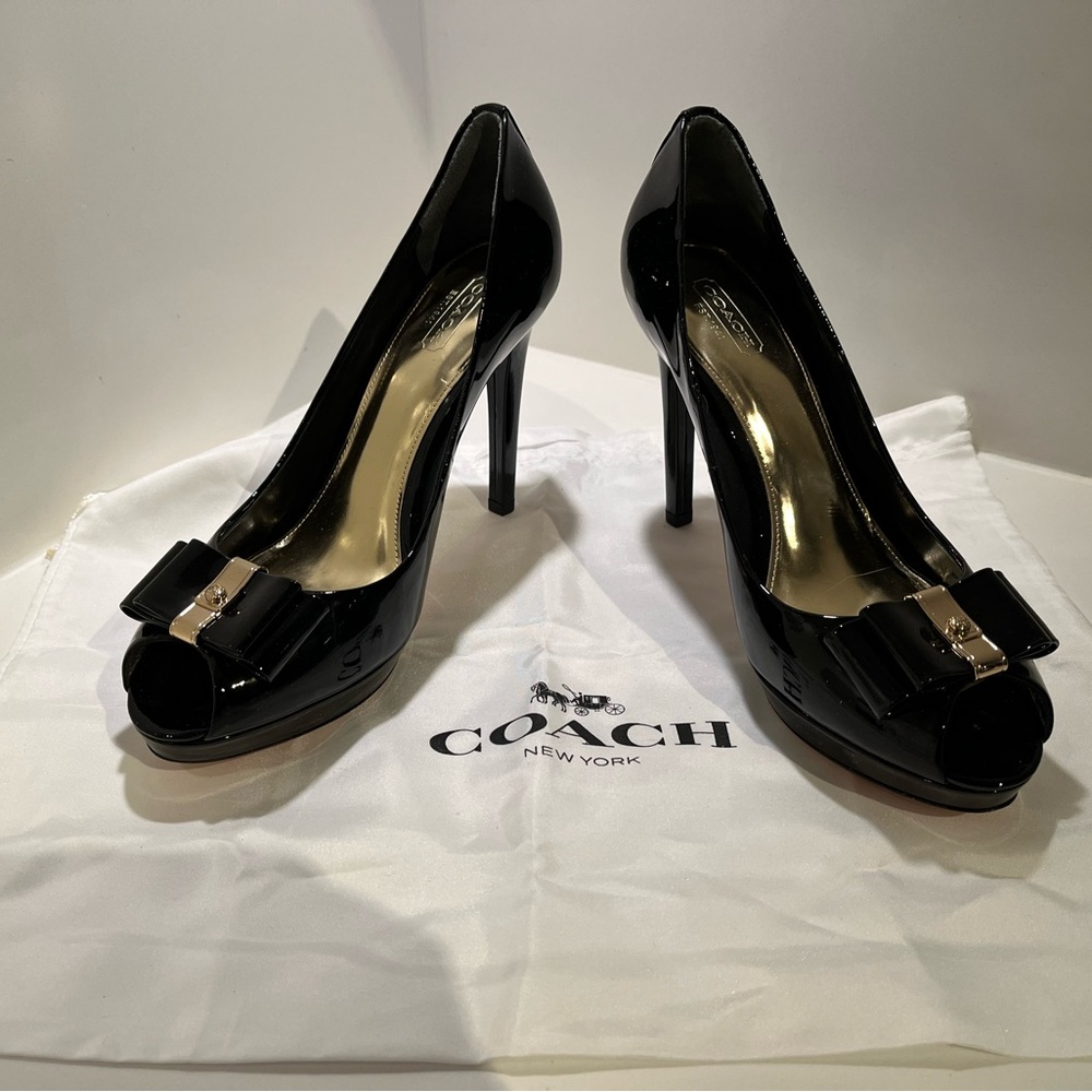 COACH peep toe patent platform heel with bow detail